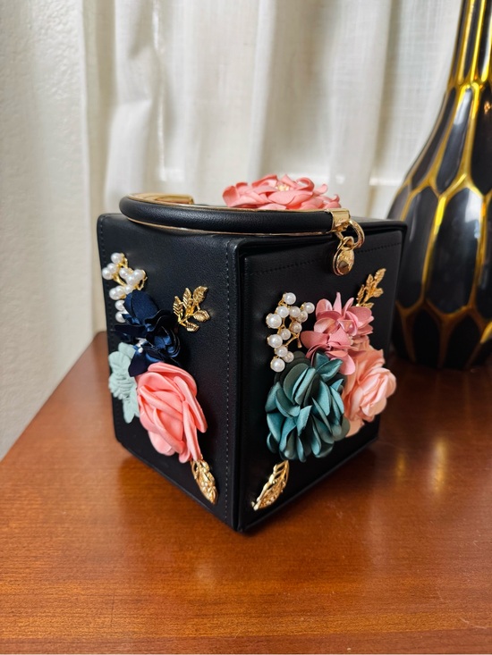 Handbags - Cube Top Handle Bag with Multicolor Floral Appliqué and Gold Hardware